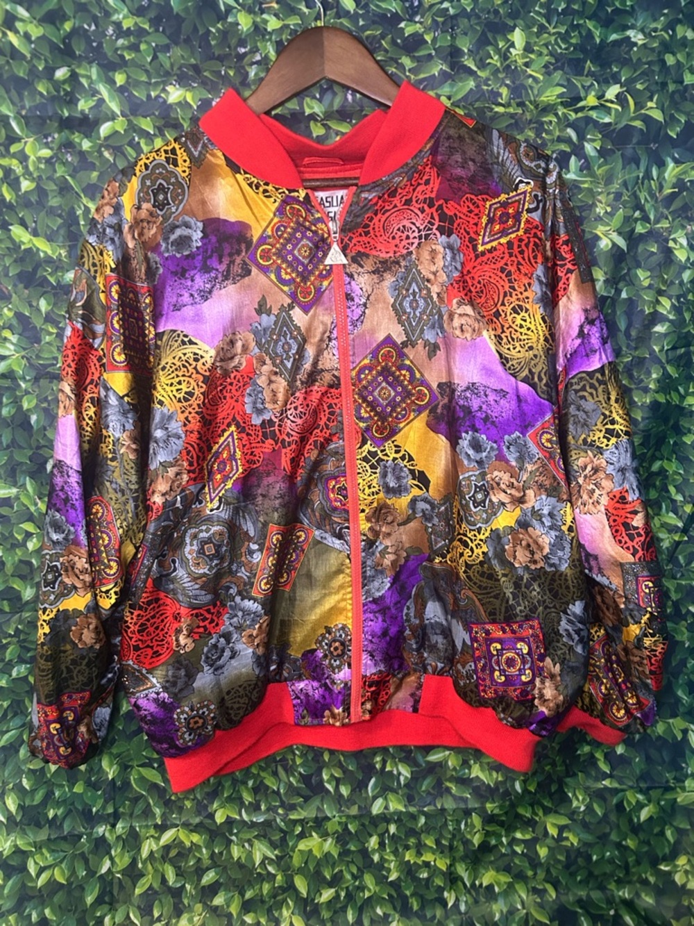 Vibrant Floral Medallion Bomber Jacket in Red Trim Vintage Y2K